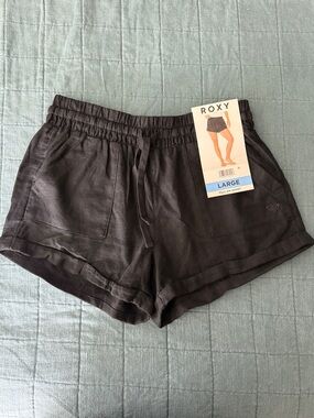 NWT - Roxy Black Drawstring Linen-Blend Athletic Shorts - Women’s Large